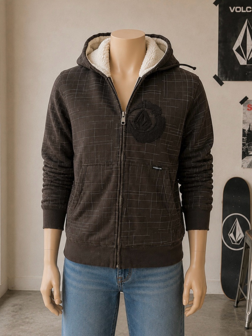 Y2K Volcom Fleece Lined Sherpa Hoodie Jacket Brown Plaid Men’s S